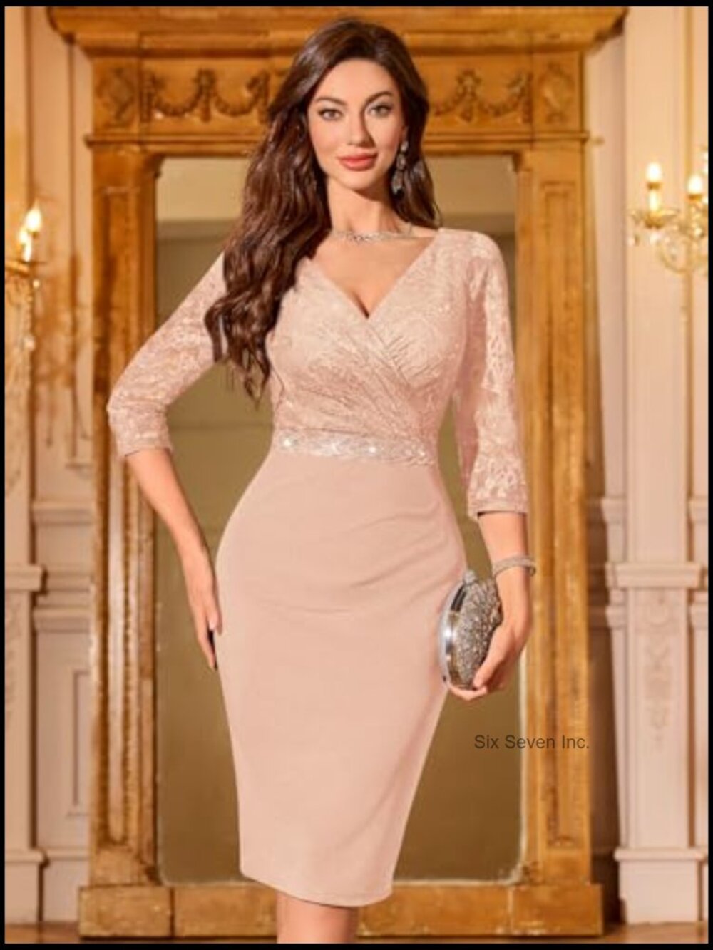 Deep V-Neck Floral Lace Ruffle Glitter Sequin Semi Formal Cocktail Dress - Picture 2 of 7